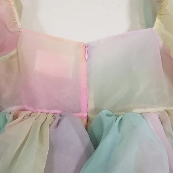 Selkie Rainbow Multicolor Puff Sleeve Mini Dress Square Neck Size S - Picture 7 of 9